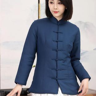 上衣女对襟改良棉服 龙妙中式 棉麻唐装 保暖棉衣修身 蓝色 棉袄冬装