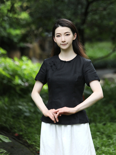 龙妙夏 新款圆领旗袍上衣亚麻短袖无领改良民国盘扣中式女装 经年