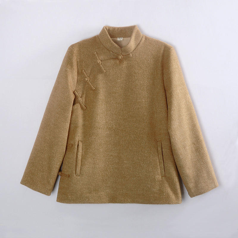 龙妙 秋冬装新款水波纹羊毛呢旗袍上衣盘扣中式女装外套 驼色
