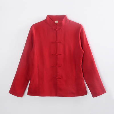 龙妙 秋季新款长袖改良唐装上衣 亚麻对襟盘扣中式女装 红色