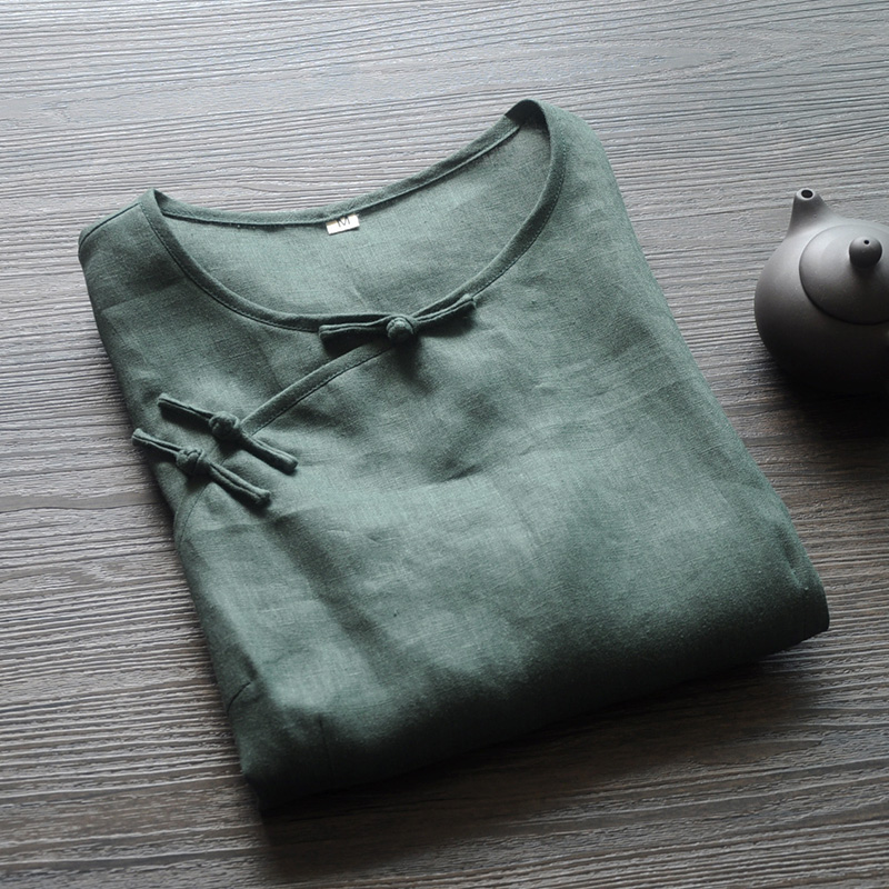 斜襟盤扣旗袍上衣龍妙亞麻圓領