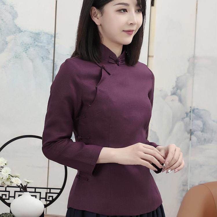龙妙旗袍上衣春秋 九分长袖修身纯亚麻复古盘扣中式女装 高贵紫