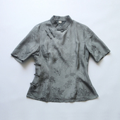 2025夏季 女装 新款 真醋酸提花中式 南清中灰色 四分袖 龙妙旗袍上衣