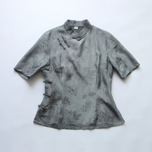 2025夏季 女装 新款 真醋酸提花中式 南清中灰色 四分袖 龙妙旗袍上衣