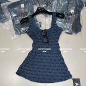 ADD辣妹蓝色连衣裙短裙2025夏季 新款 洋气显瘦褶皱设计感u领背带裙