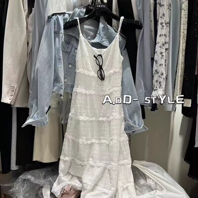 白色吊带连衣裙小个子蛋糕裙长裙