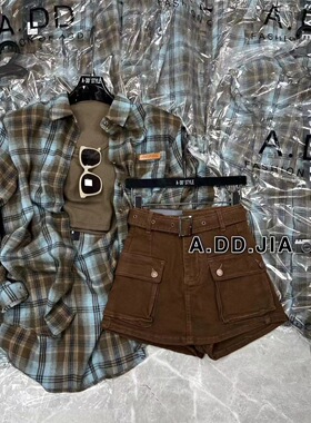 ADD韩版早秋新款高腰显瘦假两件口袋设计感半身裙裙裤辣妹短裤女