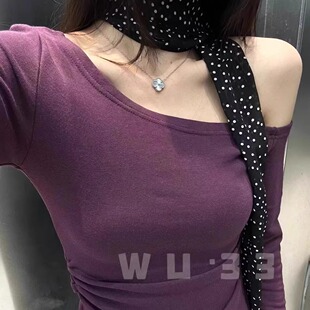 wu.33辣妹上衣2025春季 韩版 纯欲显瘦不规则露肩设计感长袖 T恤 新款