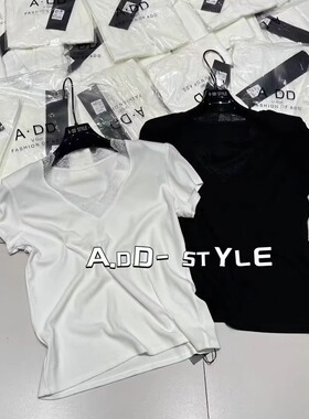 ADD韩版2026春夏新款百搭显瘦蕾丝拼接设计感v领短袖正肩T恤上衣