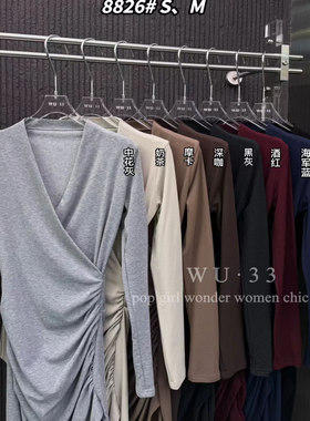 wu33短裙2025冬季新款纯欲修身显瘦交叉褶皱v领设计感长袖连衣裙