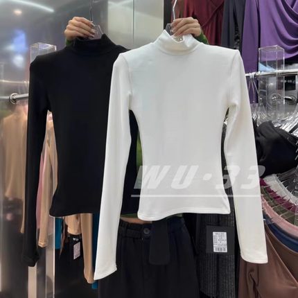 wu.33韩版冬季新款百搭显瘦加绒设计感高领内搭打底衫正肩T恤上衣