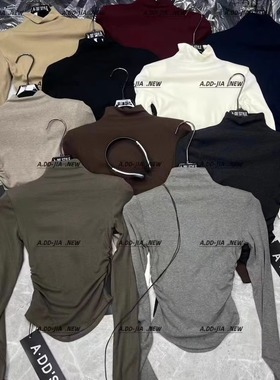 ADD韩版秋季新款修身显瘦半高领设计感长袖T恤内搭打底衫垫肩上衣