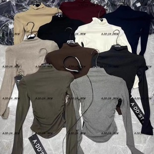 秋季 T恤内搭打底衫 新款 显瘦半高领设计感长袖 垫肩上衣 修身 ADD韩版