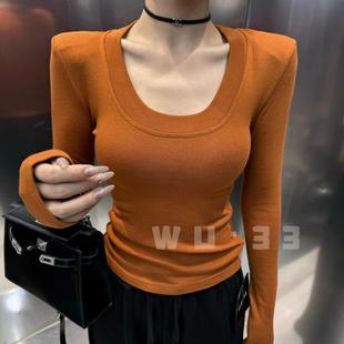 wu.33韩版秋冬新款纯欲显瘦羊绒磨毛设计感u领打底衫正肩T恤上衣
