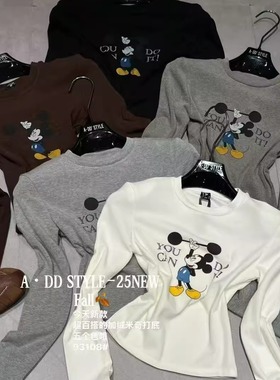 ADD圆领打底衫2025秋冬新款洋气显瘦米奇卡通印花设计感长袖T恤女