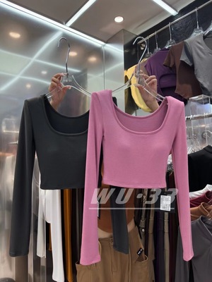 方领上衣气质修身显瘦长袖T恤