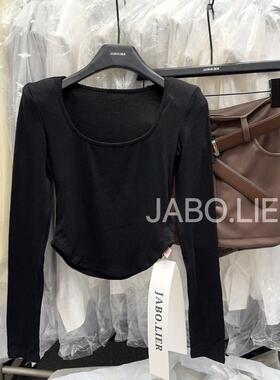 辣妹上衣2025秋冬新款纯欲显瘦加绒设计感u领长袖T恤内搭打底衫女