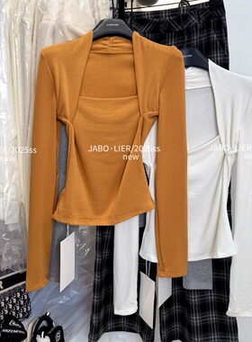 加绒打底衫2025秋冬新款气质显瘦假两件坎肩设计感方领内搭上衣女