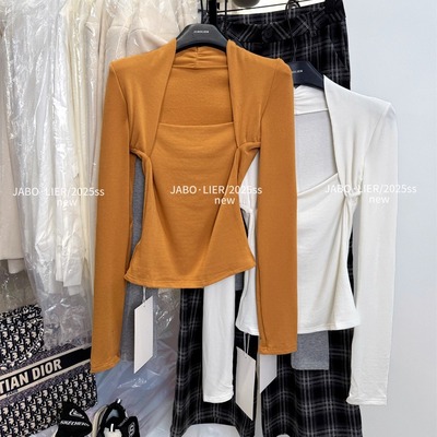 假两件坎肩设计感方领加绒打底衫