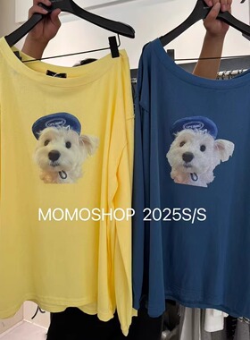 Momo家韩版2026夏季新款百搭宽松显瘦小狗印花拉肩设计感防晒T恤