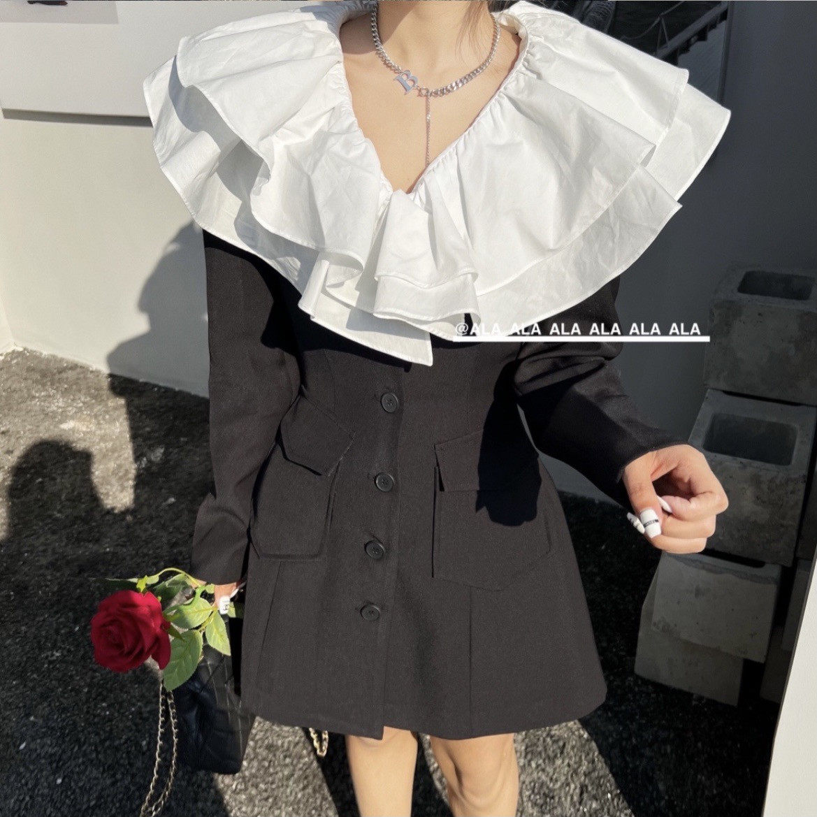 荷叶边设计感长袖西装连衣裙收腰