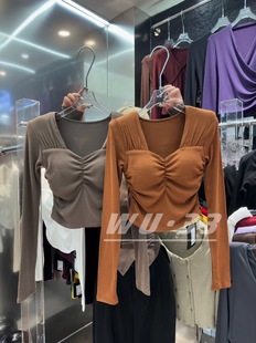 显瘦褶皱设计感方领上衣加绒带胸垫长袖 修身 T恤 韩版 2025秋冬新款