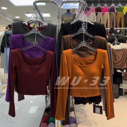 wu.33韩版秋冬新款气质修身显瘦设计感长袖T恤内搭打底衫方领上衣