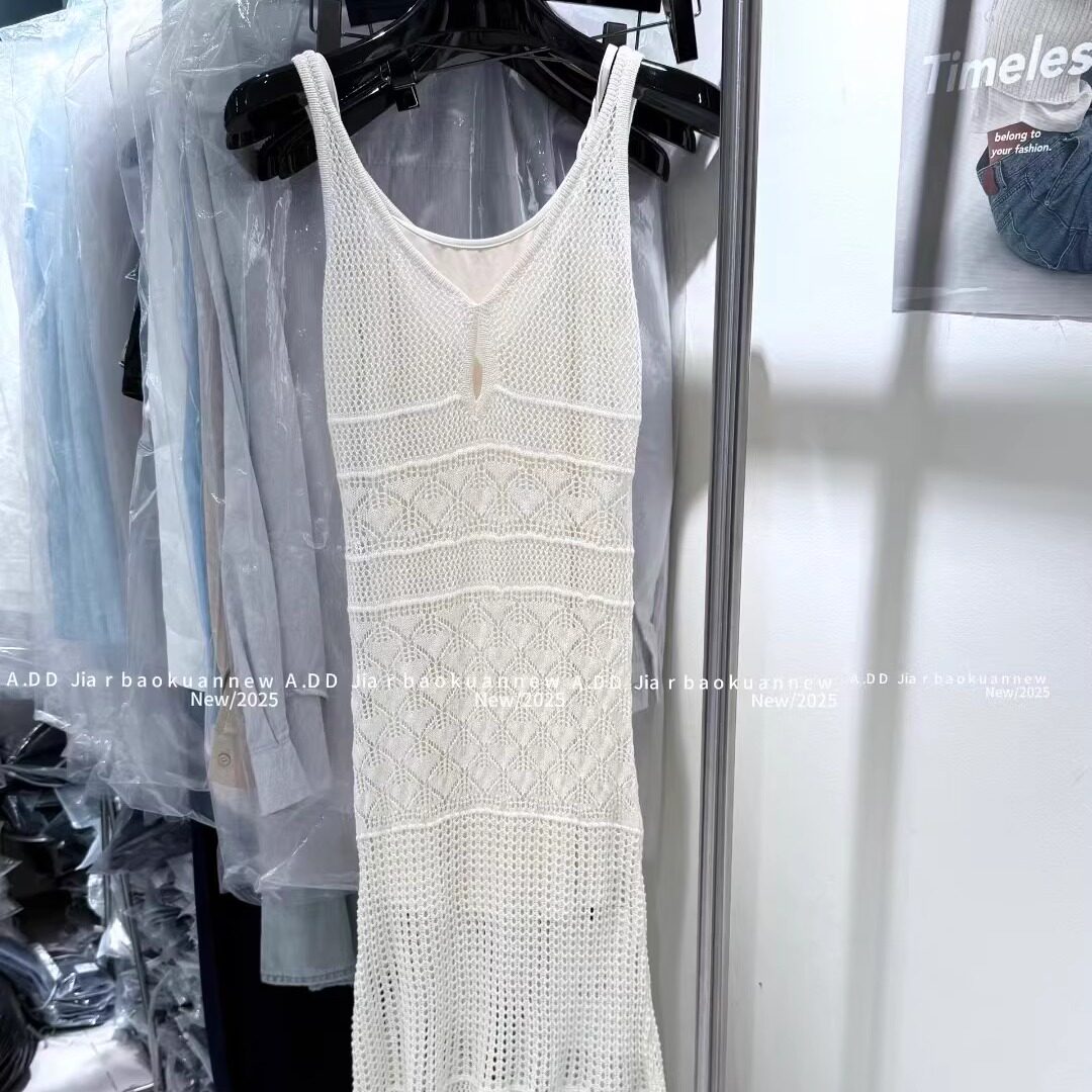 ADD长裙2025夏季新款洋气百搭显瘦镂空设计感v领针织吊带连衣裙女