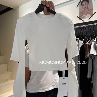 Momo早秋新款 垫肩T恤正肩上衣 2025百搭显瘦割破袖 设计感圆领长袖