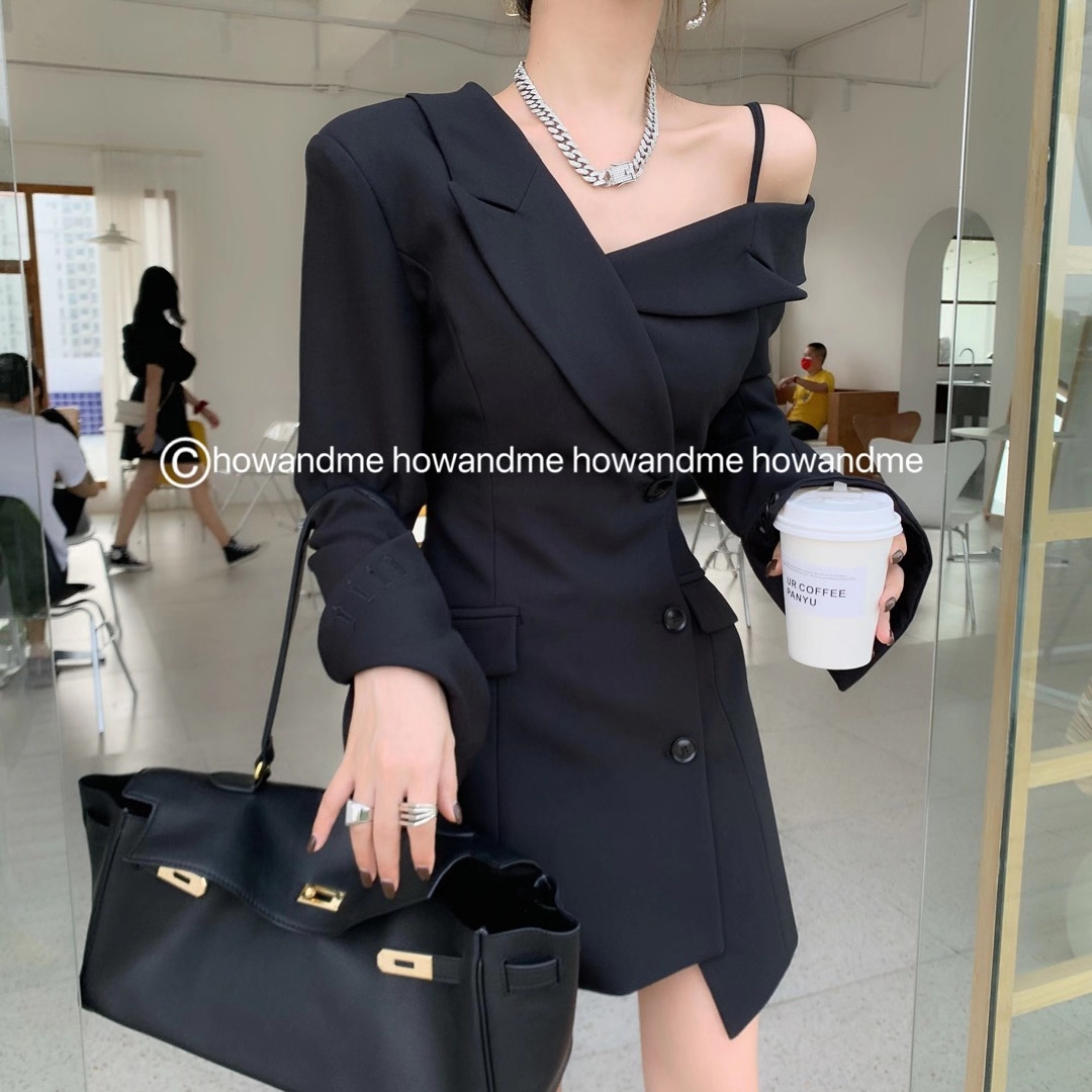 不规则露肩设计感西装连衣裙