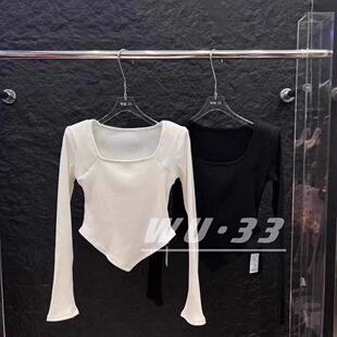 气质显瘦磨毛设计感u领长袖 wu.33韩版 冬季 新款 辣妹上衣 T恤打底衫