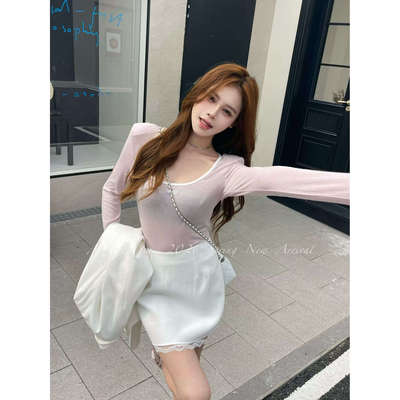 春ADD字母印花U领长袖T恤女打底