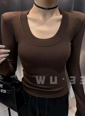 wu33羊绒磨毛打底衫2025冬季新款气质修身显瘦正肩设计感u领T恤女