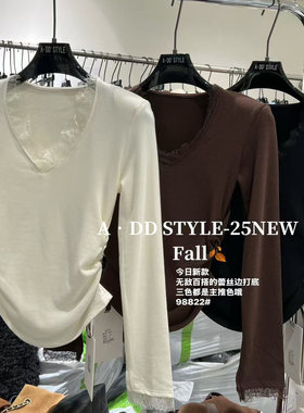 ADD收腰上衣女2025秋冬新款气质显瘦蕾丝拼接设计感v领T恤打底衫