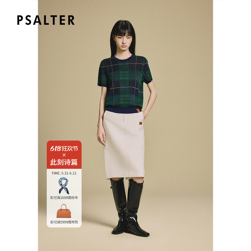 PSALTER诗篇学院风格纹图案圆领短袖格子女装针织衫