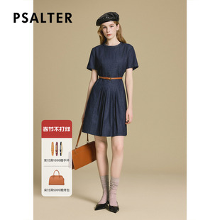 诗篇专选轻薄透气H型风琴褶牛仔连衣裙配腰带2025秋款