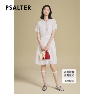新款 诗篇专选法式 绣花木耳领系带收腰莱赛尔连衣裙2025夏季