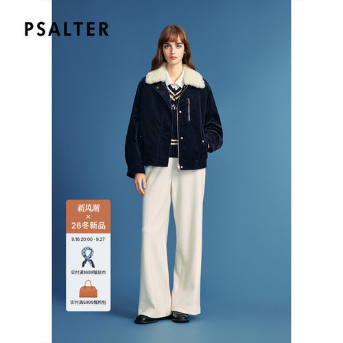 PSALTER诗篇藏蓝灯芯绒撞色羊羔毛领棉服棉衣2026冬季新款