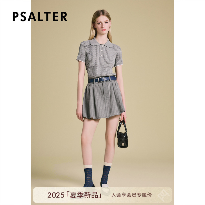PSALTER诗篇翻领短袖Polo领扭花修身针织T恤衫女上衣2025夏季新款