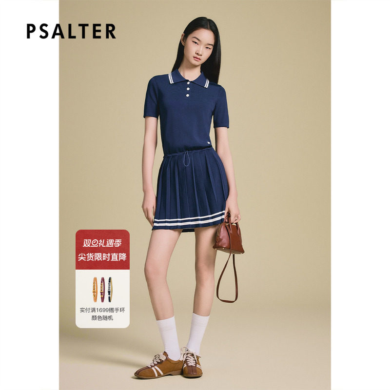 PSALTER诗篇学院风减龄polo领百褶针织短袖连衣裙2025