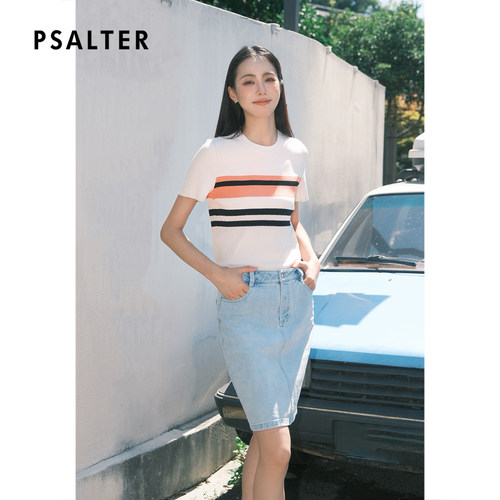 PSALTER诗篇撞色条纹针织短袖女坑条修身时尚T恤衫2025夏季新款