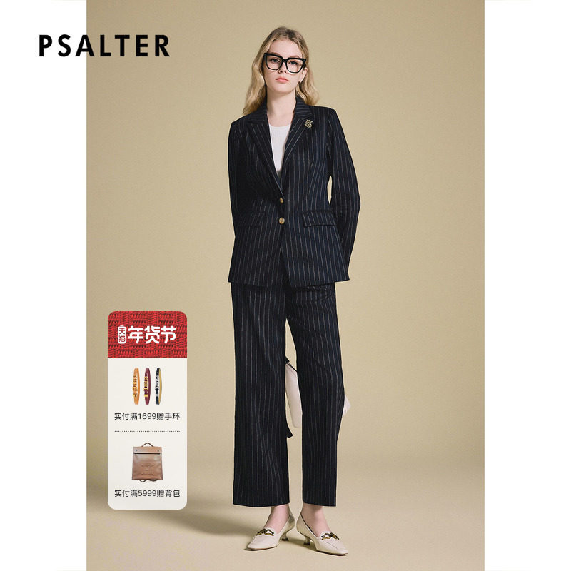 PSALTER诗篇亚麻竖条纹休闲翻驳领宽松西服外套2025夏款