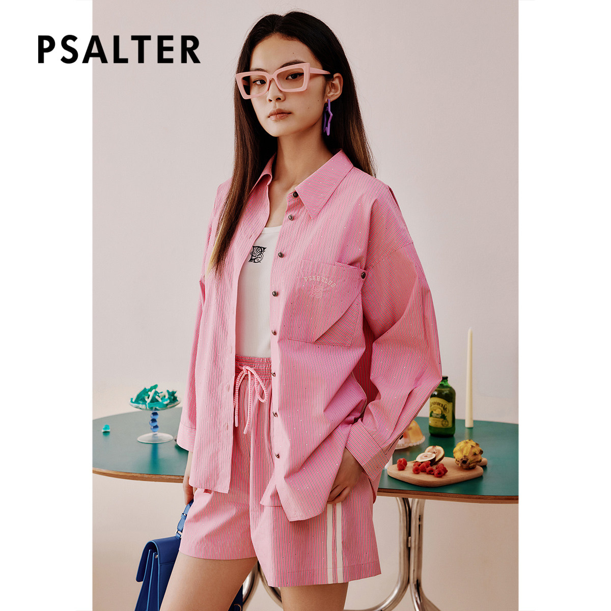 PSALTER诗篇系带松紧腰学院风烫钻条纹短裤休闲裤夏款