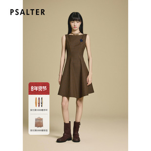 PSALTER诗篇时尚一字领无袖格纹复古优雅羊毛连衣裙2025冬款