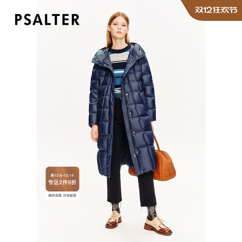 PSALTER诗篇鹅绒服方格肌理感长款连帽羽绒服冬款
