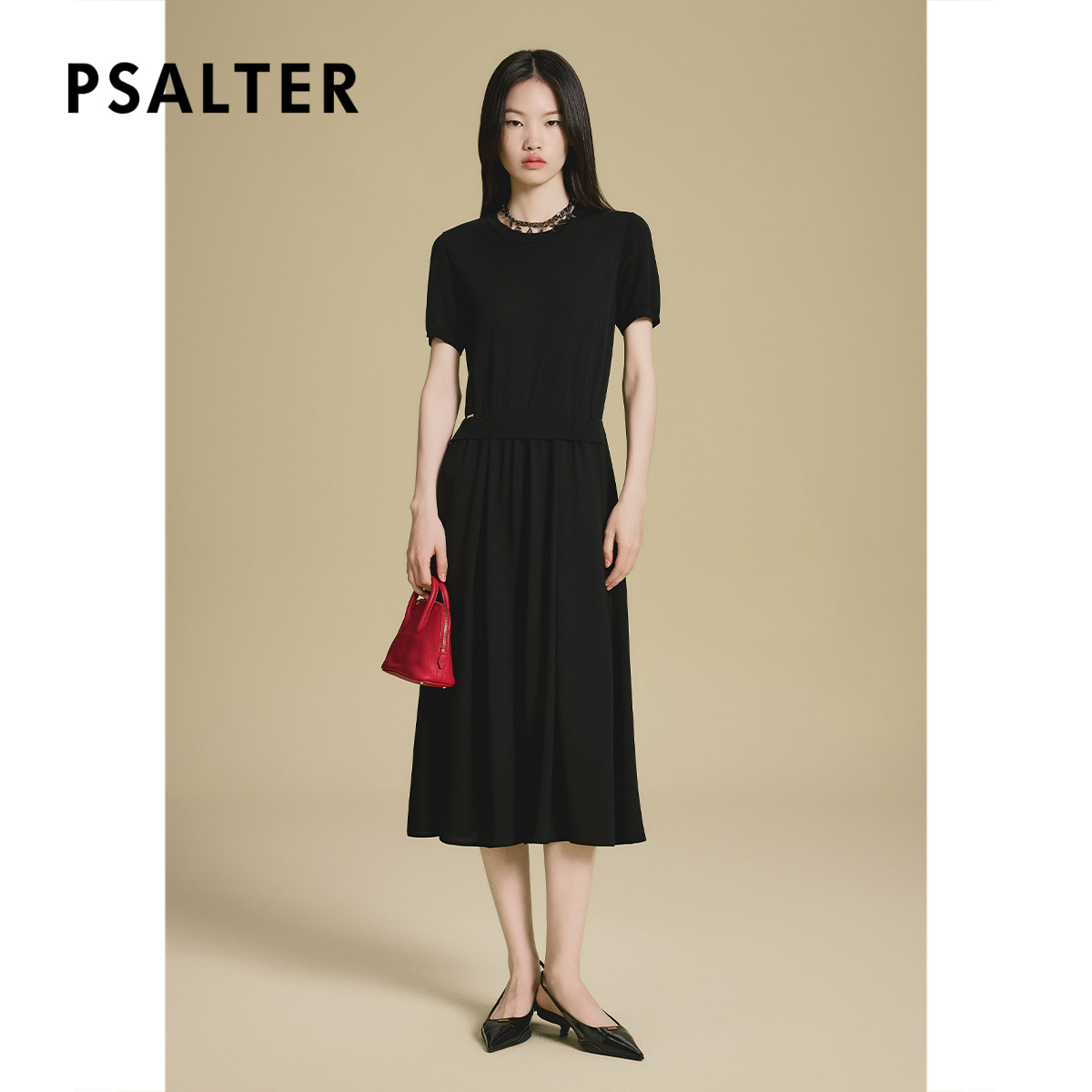 PSALTER诗篇拼接设计感百搭短袖三醋酸连衣裙2025夏季新款