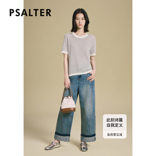 新款 诗篇专选手工钉珠圆领直身条纹针织T恤女2025夏季