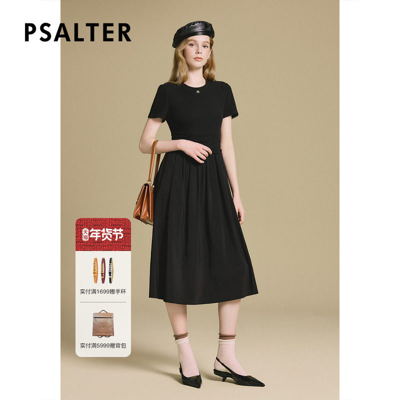 诗篇专选褶皱设计收腰修身毛衫拼接连衣裙2025秋款