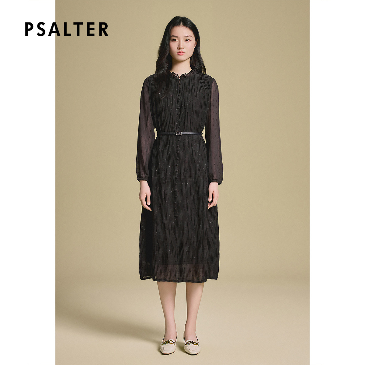 诗篇专选气质亮闪丝提花雪纺木耳边领几何压褶连衣裙2025春季新款