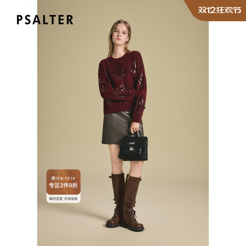诗篇专选复古枣红圆领亮片套头长袖针织衫2025冬季新款
